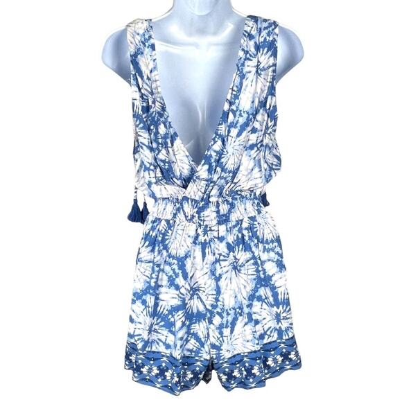 Bebop Romper Sleeveless Tassel Tie Detail Surplice Blue White Print NEW Womens M - Picture 2 of 13